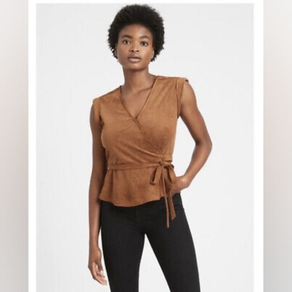 Banana Republic Womens Small Petite Brown Faux Suede Silky Wrap Top Blouse
